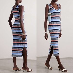 Veronica Beard Fabiana Stripe Rib Sleeveless Sweater Dress Blue Multi Large NWT